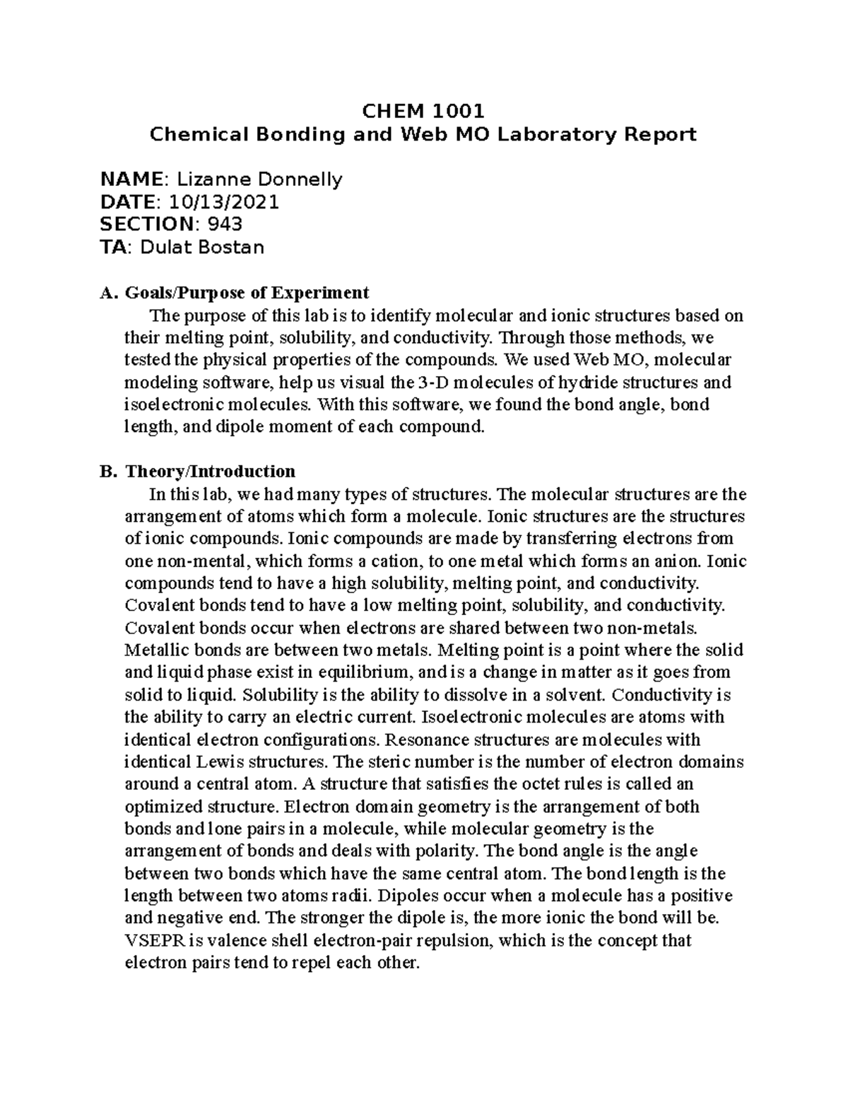Detailed Lab Report chem bonding CHEM 1001 Chemical Bonding and 