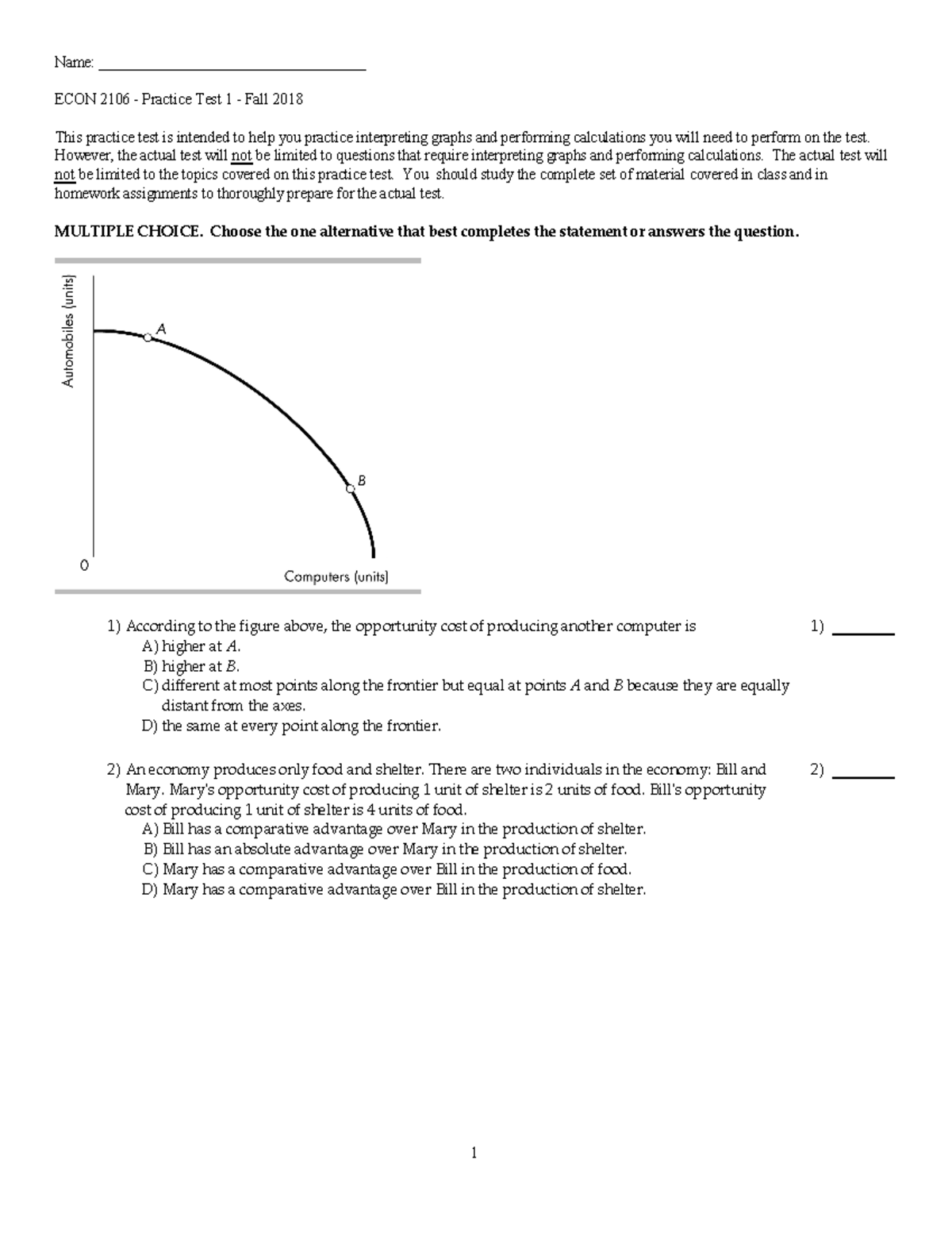 Practice Test 1 - ECON 2106 - Fall 2018 - Name ...