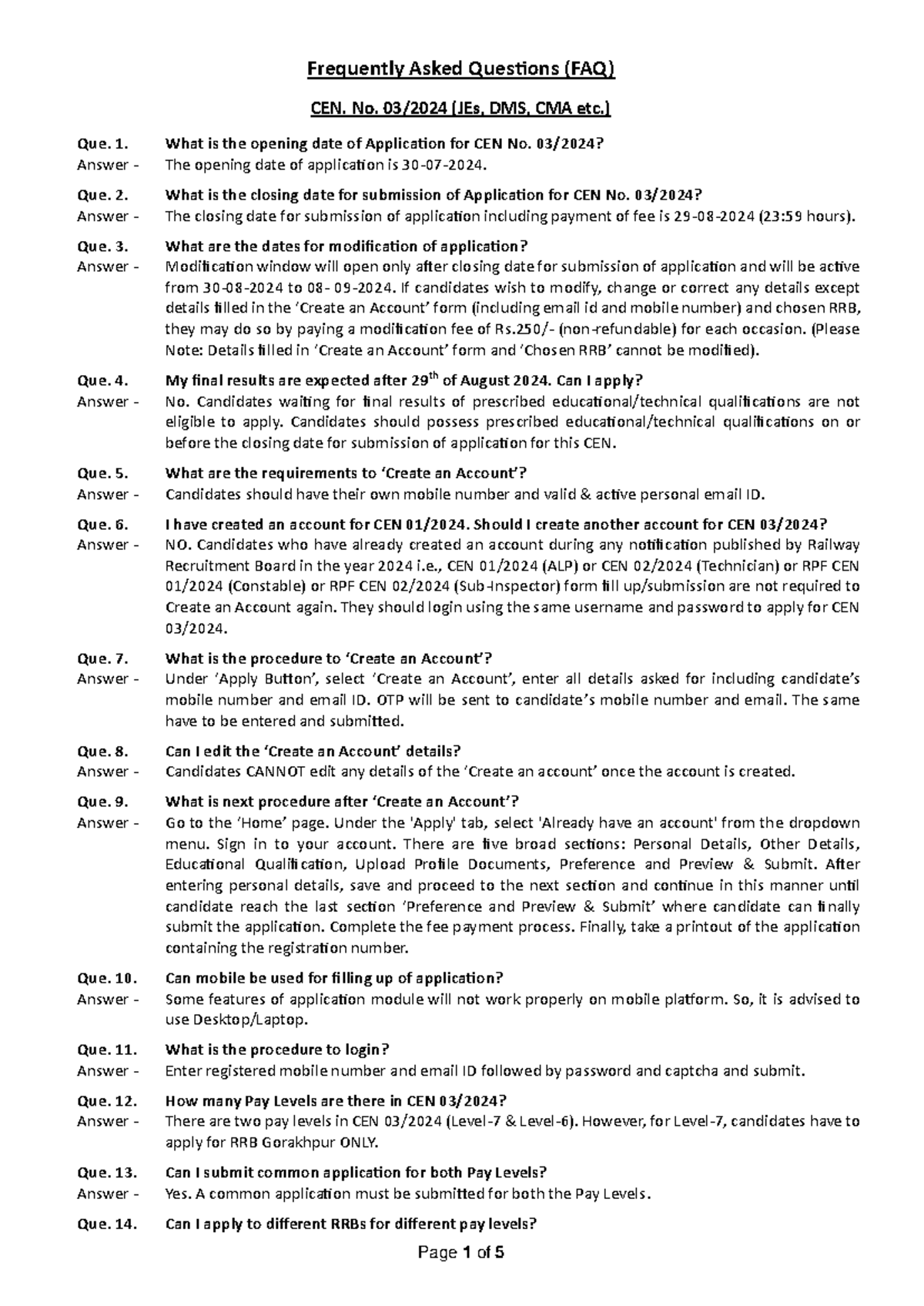 FAQ CEN 03 2024 JEs English - Frequently Asked Questions (FAQ) CEN. No ...