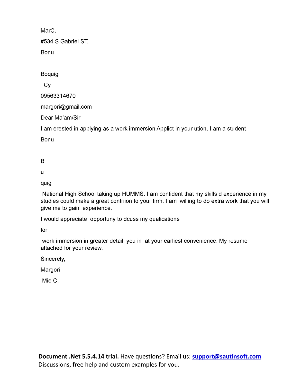 Application Letter e English 155 - MarC. #534 S Gabriel ST. Bonu Boquig ...