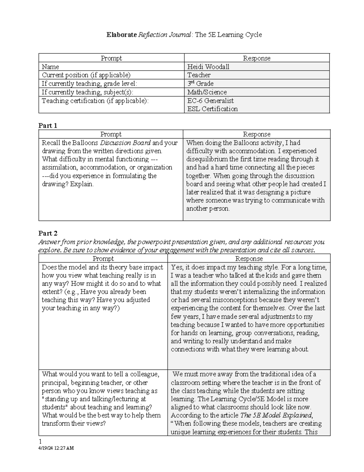 Elaborate Reflection Journal The 5E Learning Cycle Woodall - Elaborate ...