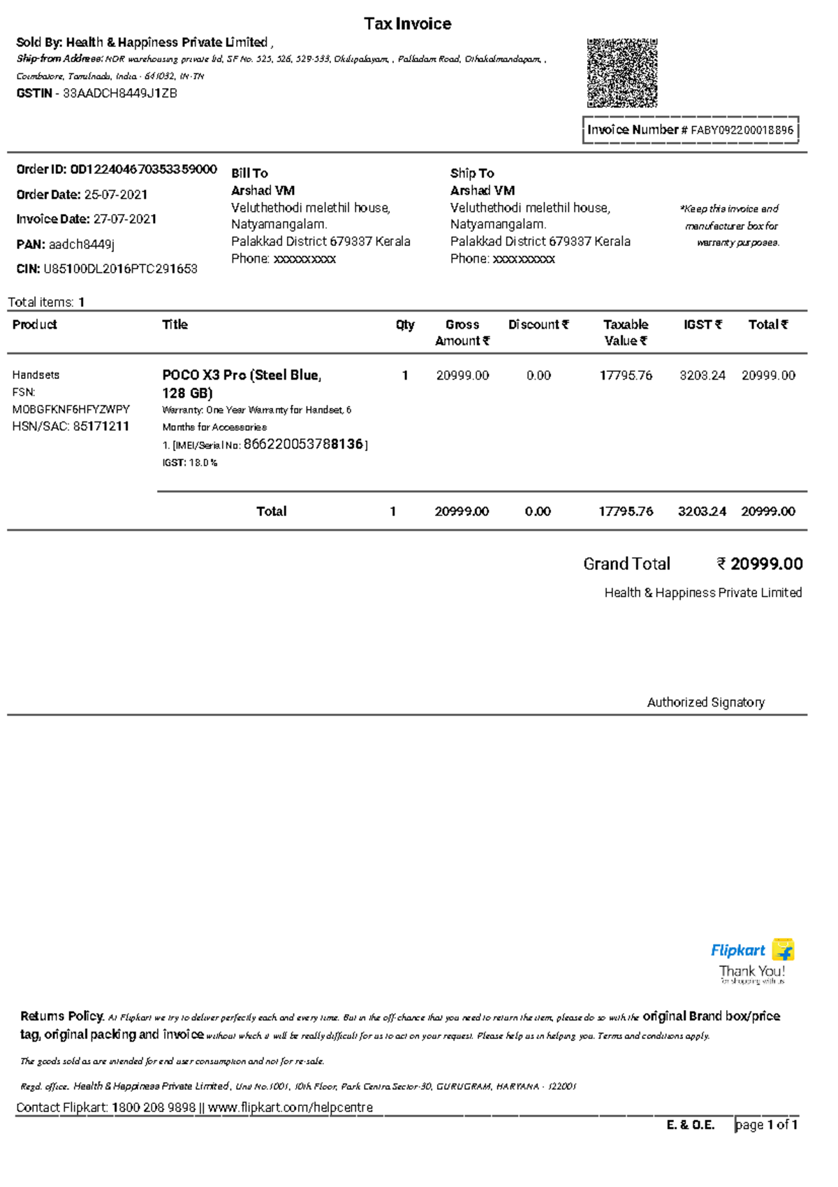 Invoice - Vcv - E. & O. page 1 of 1 *Keep this invoice and manufacturer ...