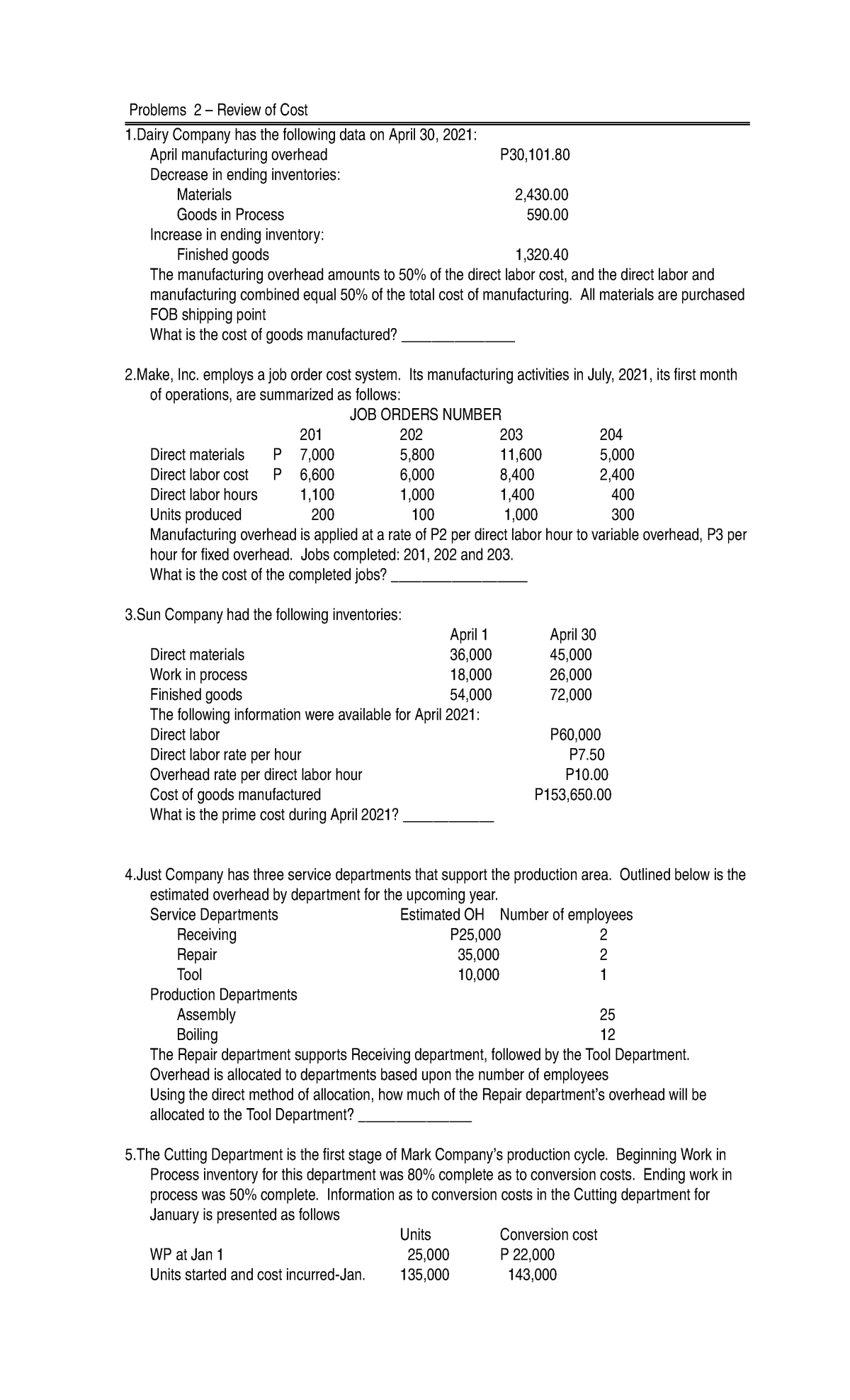 Job Order Costing and Process Costing - Problems 2 – Review of Cost 1 ...