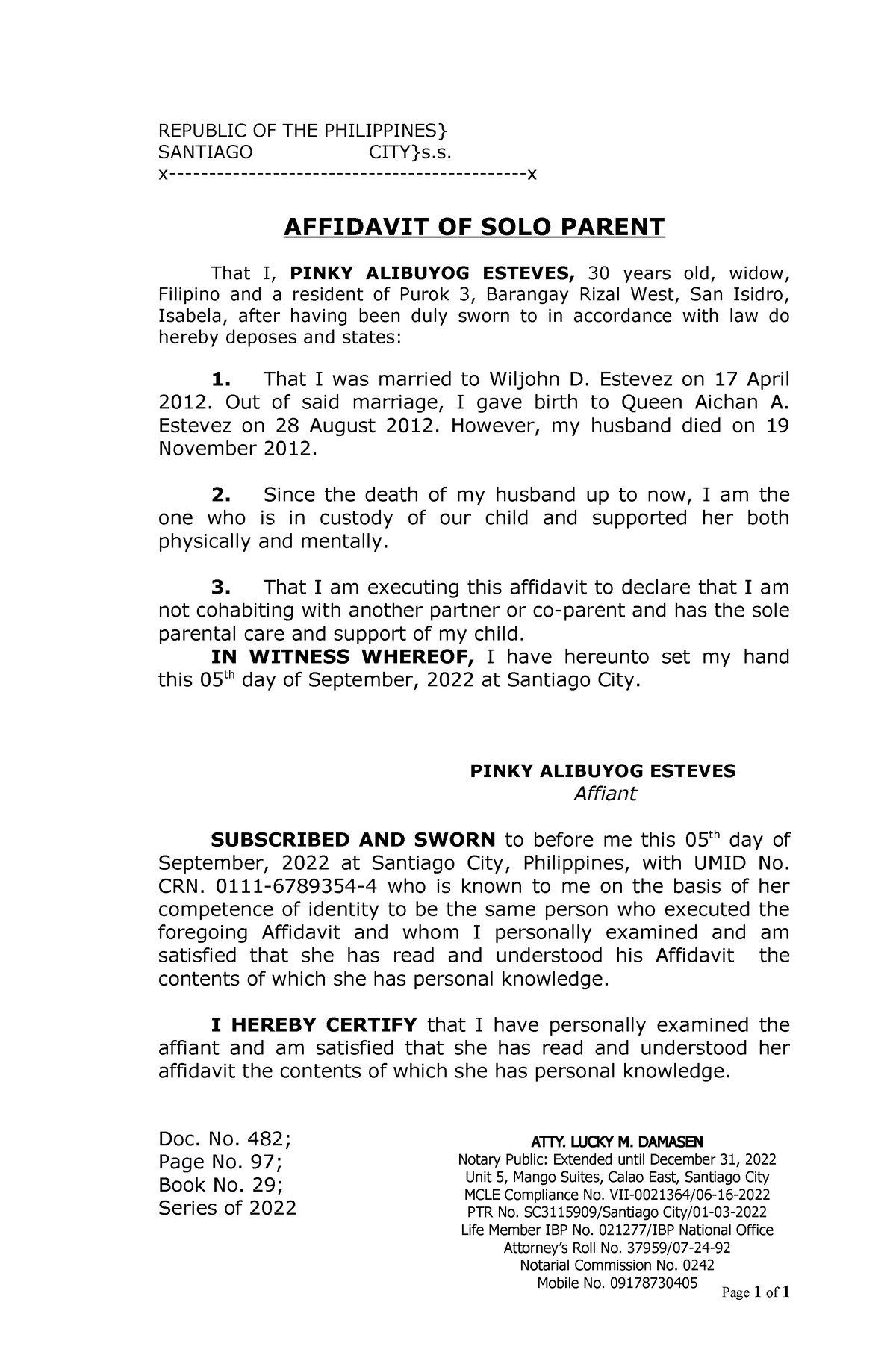 Affidavit SOLO Parent Esteves REPUBLIC OF THE PHILIPPINES SANTIAGO 