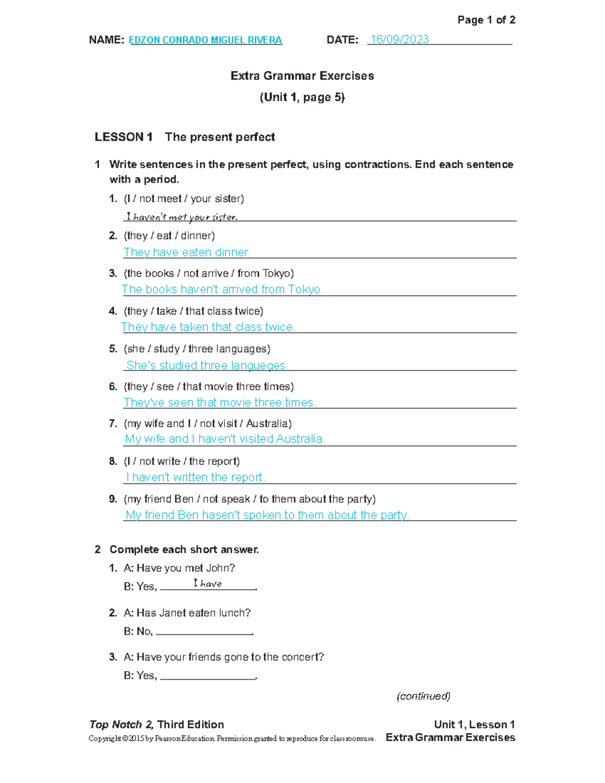 Unit 01 Extra Grammar Exercises Name Date Unit 01 Extra Grammar Exercises Name Date