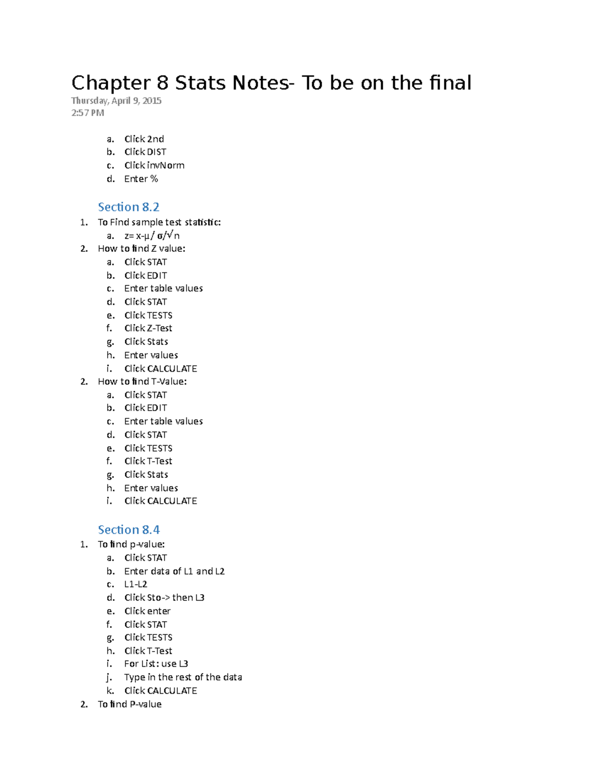 Chapter 8 Stats Notes - To Be On The Final - Chapter 8 Stats To Be On ...