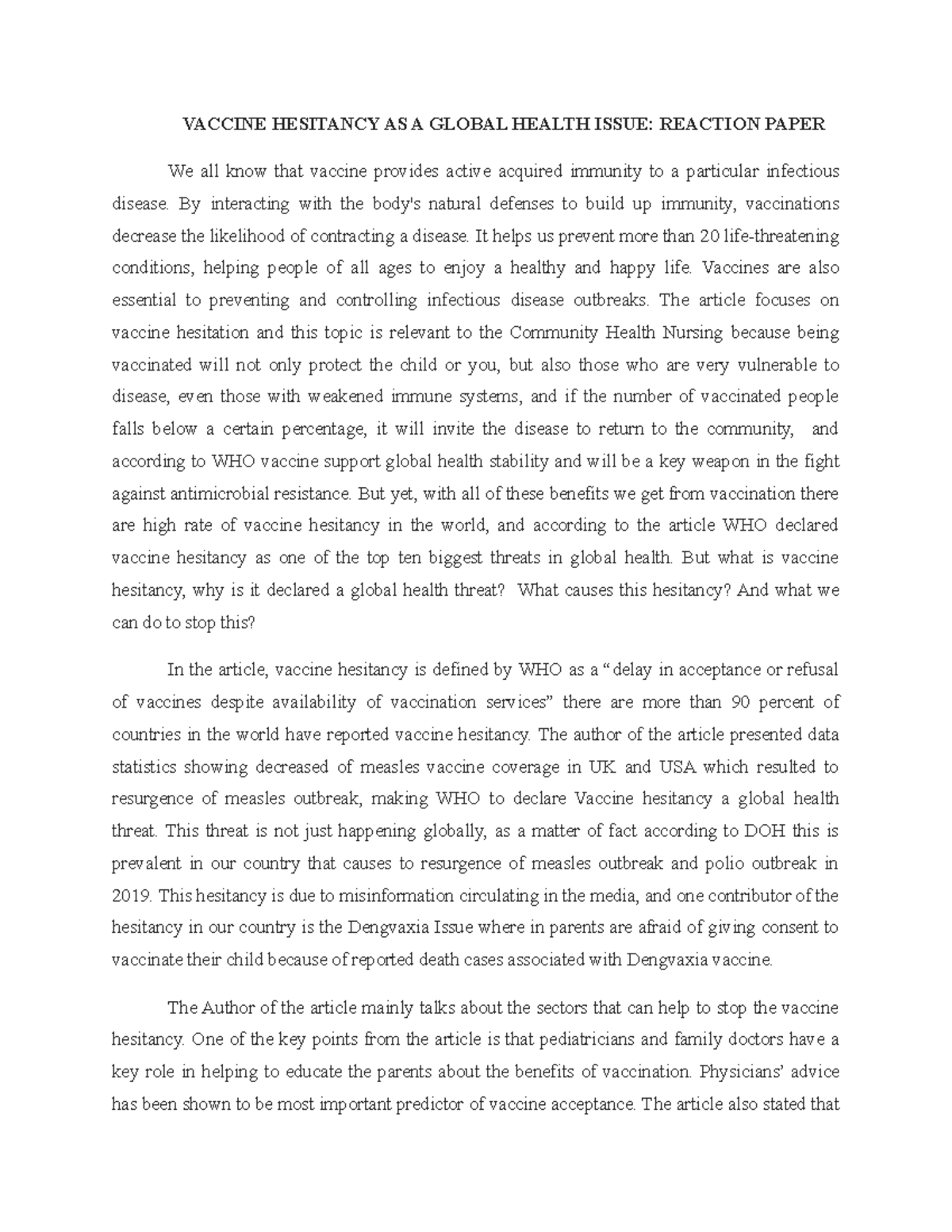 Vaccine Hesitancy AS A Global Health Issue Reaction Paper - BS Nursing ...
