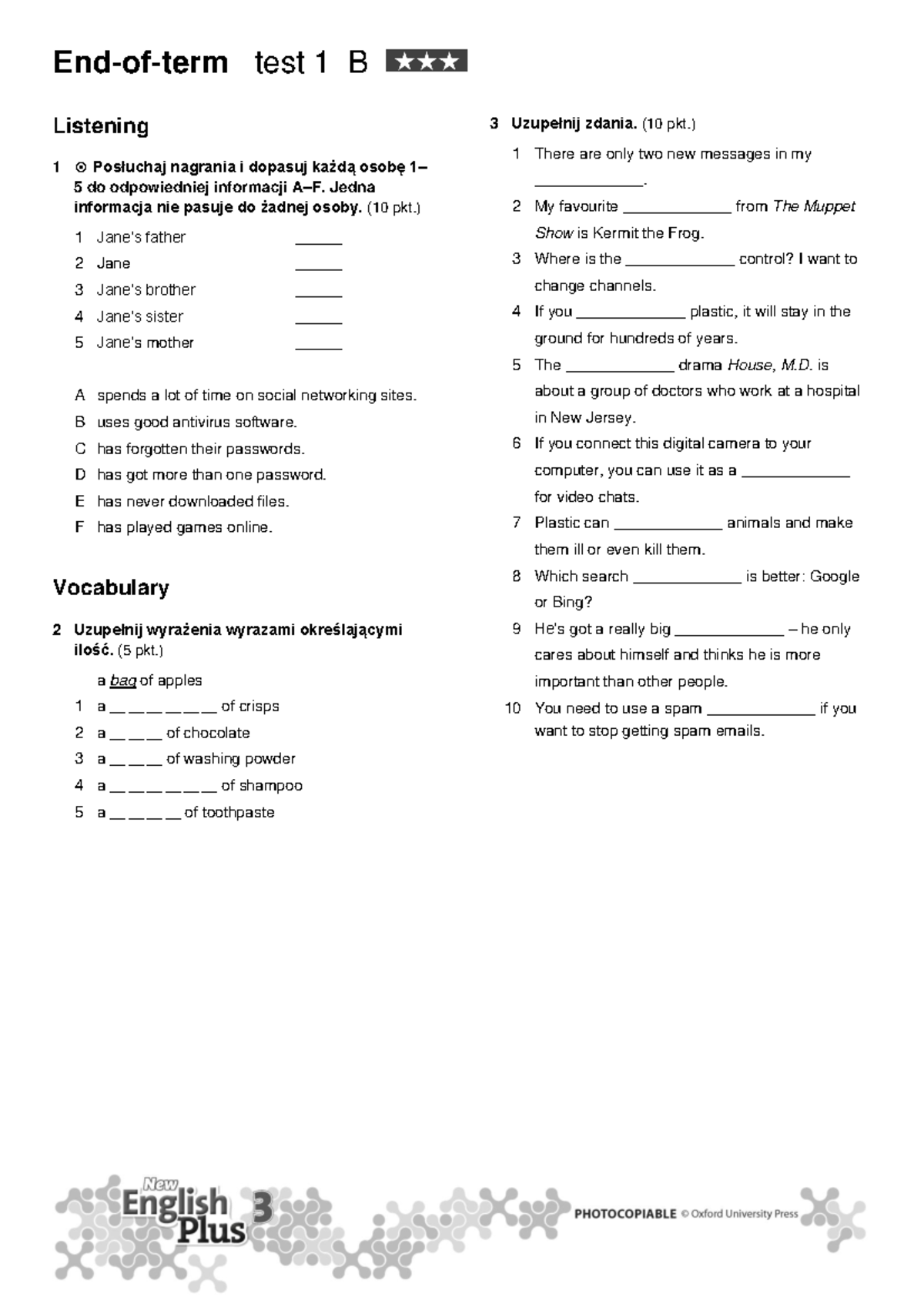 End Of Term 1 Higher Test B Listening 1 Posłuchaj Nagrania I Dopasuj