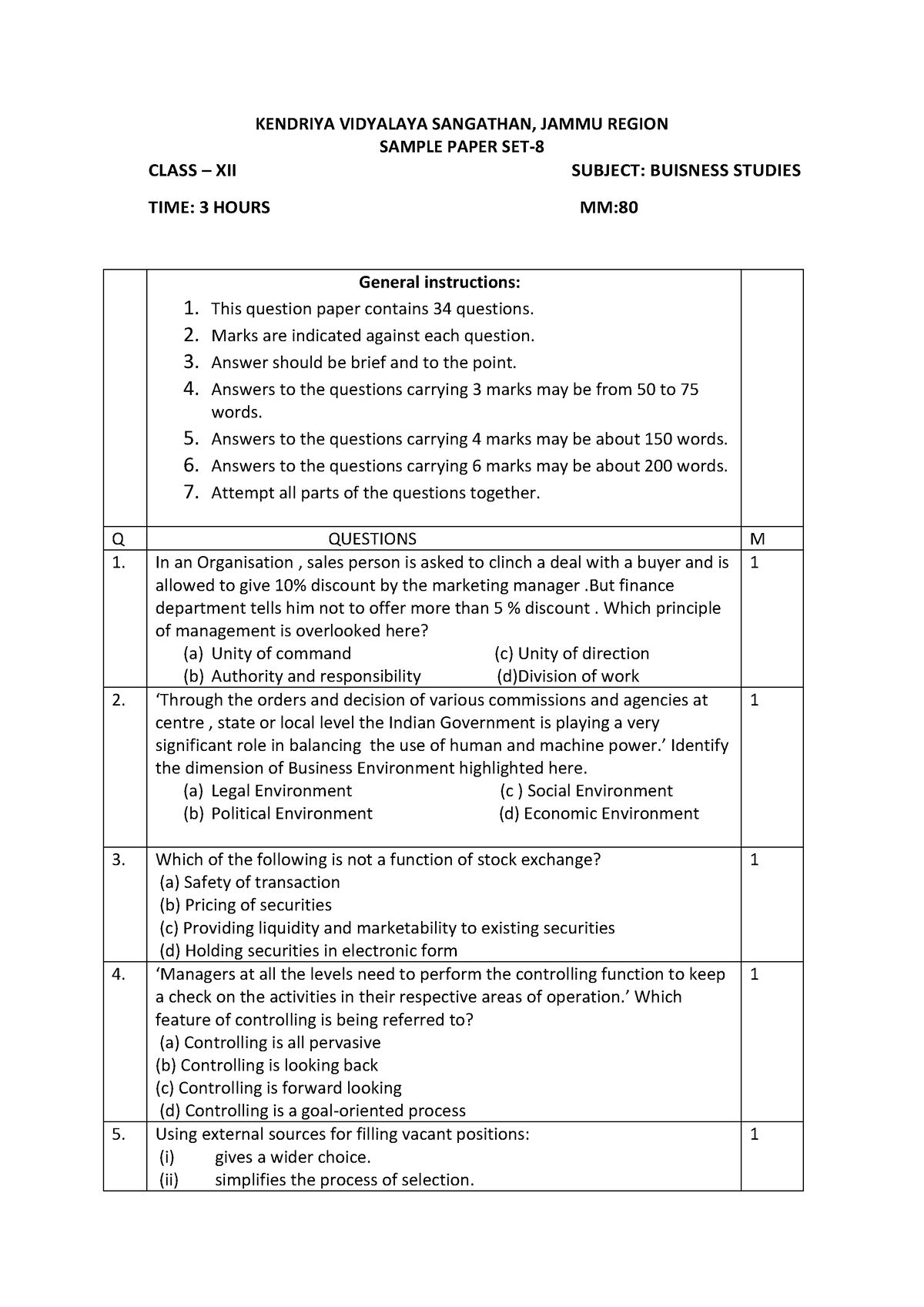 QP BST 8 - Bst - KENDRIYA VIDYALAYA SANGATHAN, JAMMU REGION SAMPLE ...