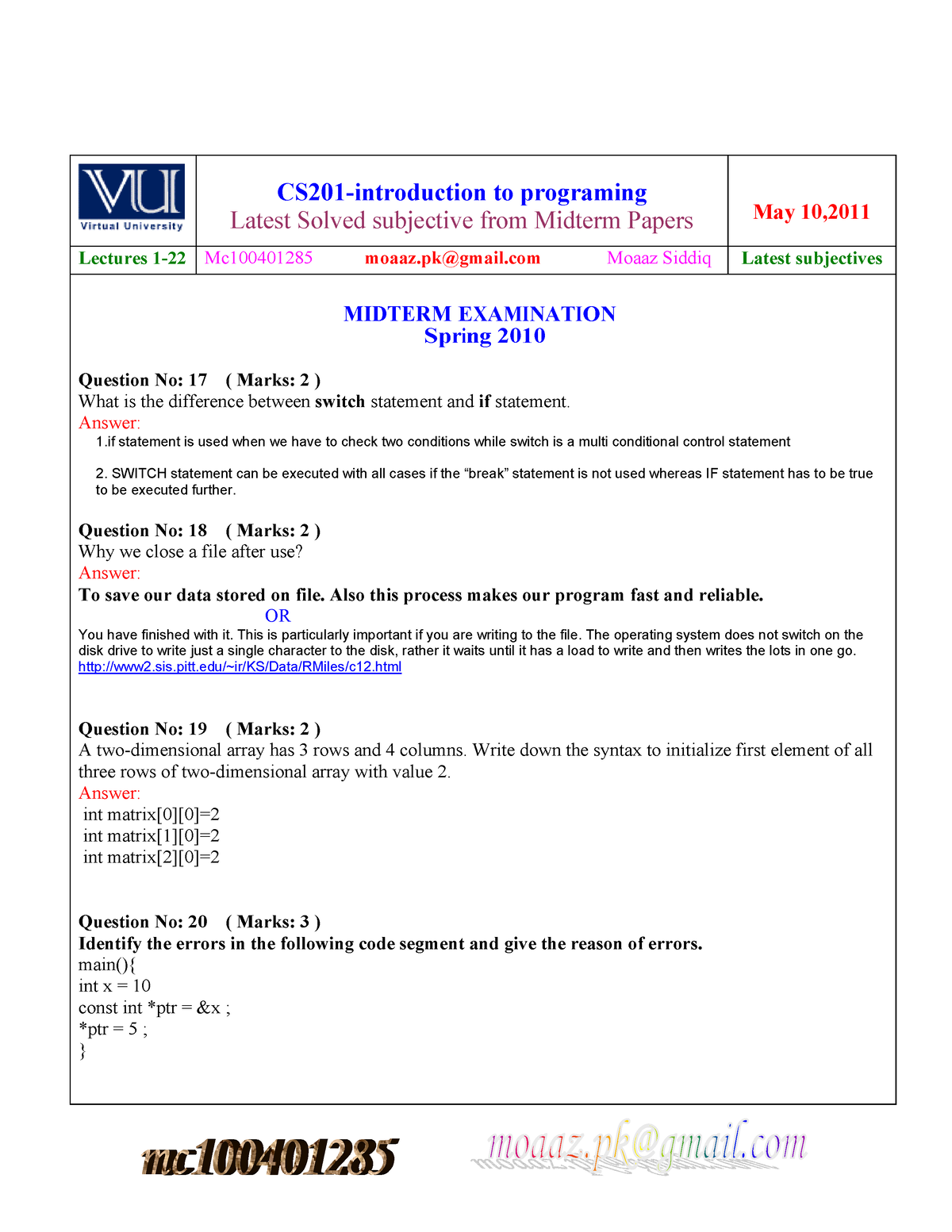 CS201 Midterm Subjective - - Studocu