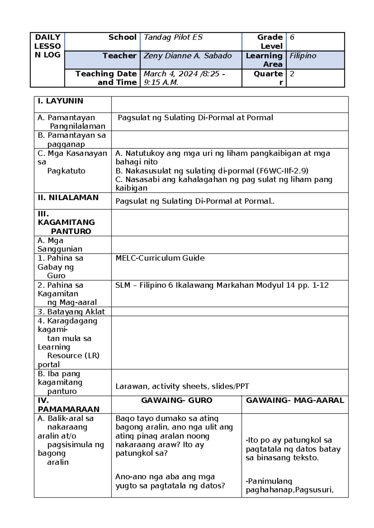 Lesson PLAN CO1 - I. LAYUNIN A. Pamantayan Pangnilalaman Pagsulat Ng ...