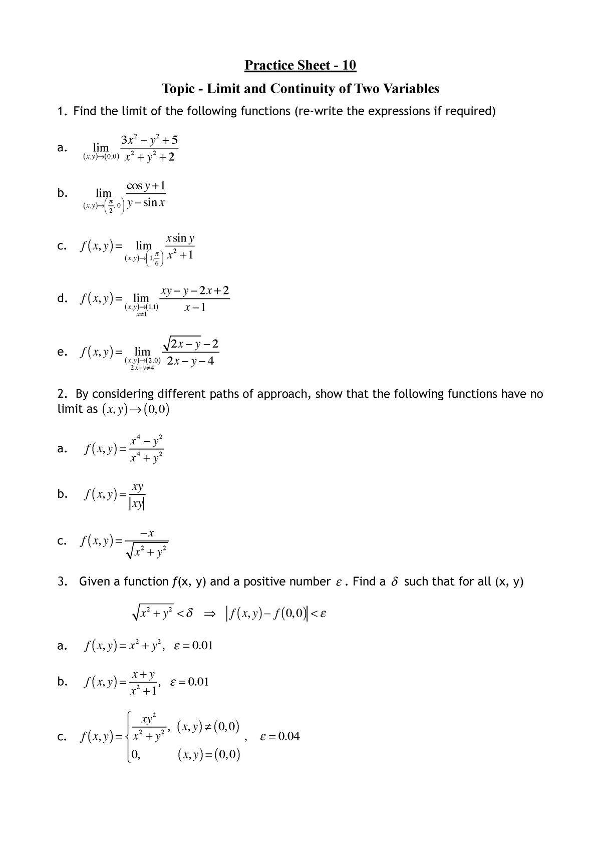 Practice Sheet 10 - Limit And Continuity - Practice Sheet - 10 Topic ...