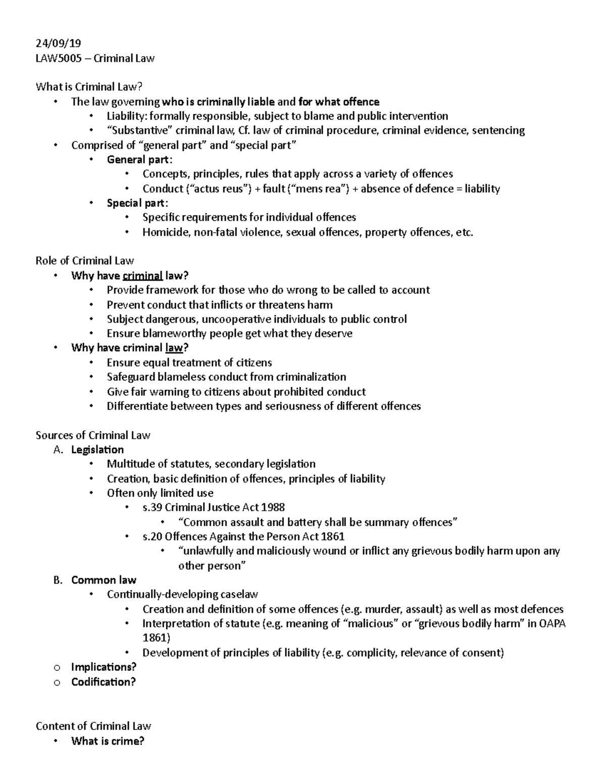 Week 1 - Introduction to Crim Law - 24/09/ LAW5005 – Criminal Law What ...