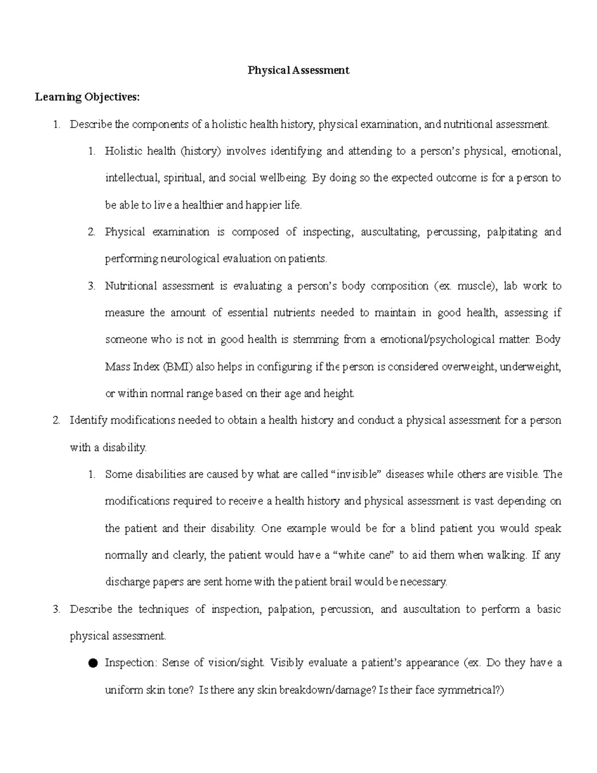 Physical Assessment worksheet - Physical Assessment Learning Objectives ...