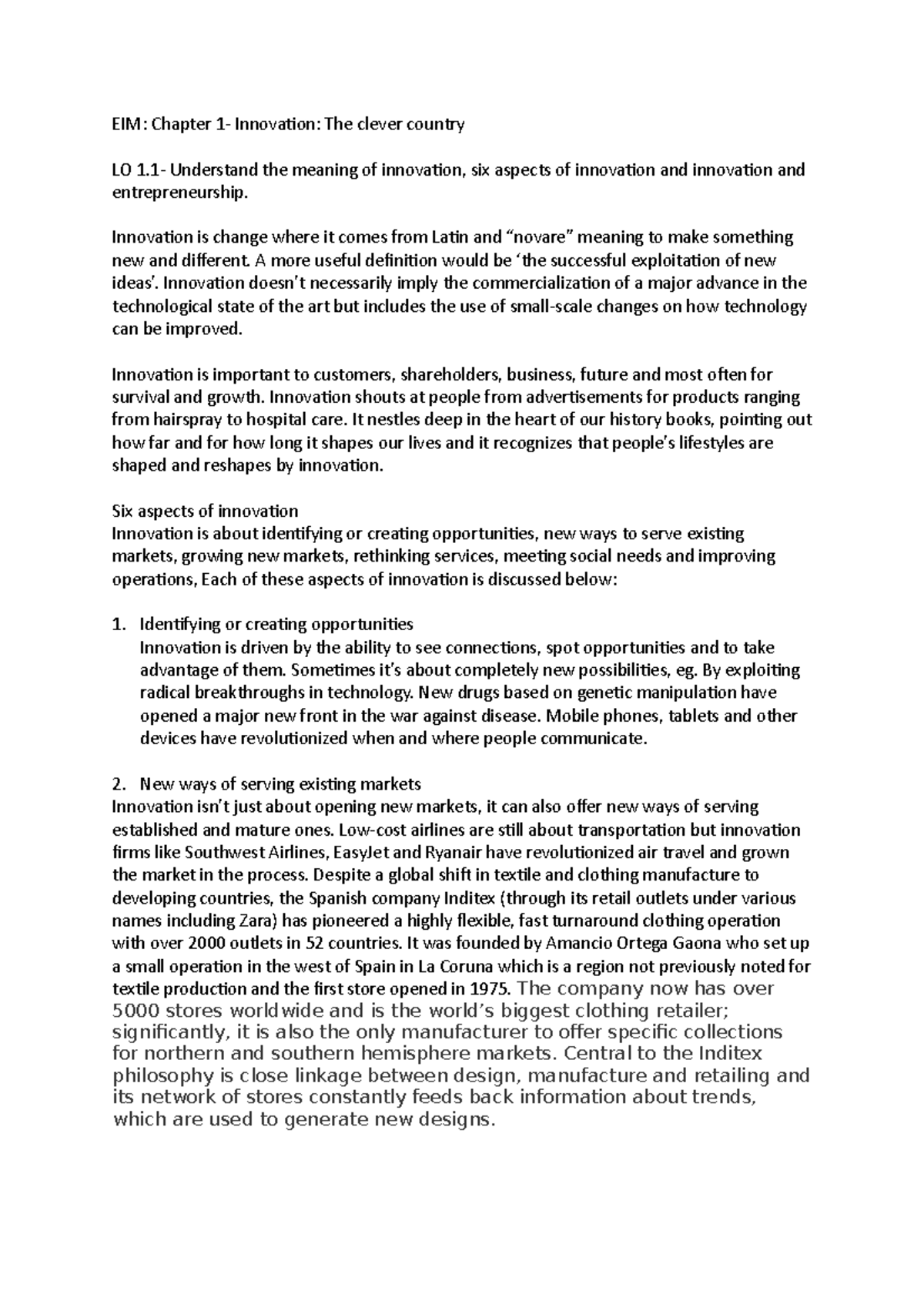 Week 1 learning outcomes - EIM: Chapter 1- Innovation: The clever ...