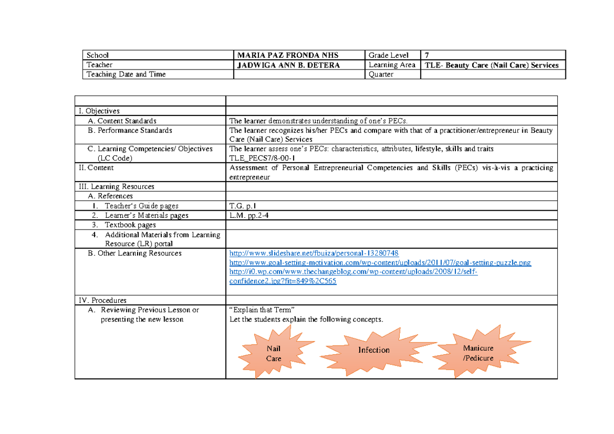 DLL NAIL CARE PECs Assessment I. Objectives A. Content Standards The