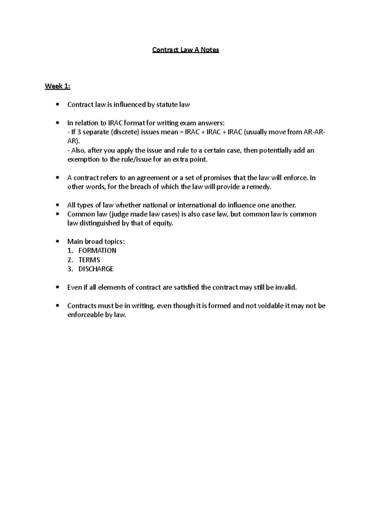 Contract Law A Notes - Contract Law A Notes Week 1: Contract law is ...