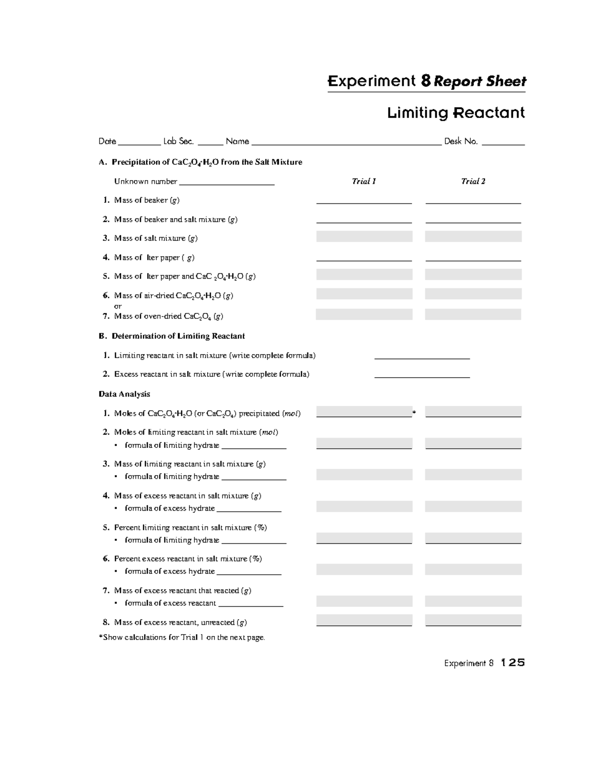 Limiting Reactant 9-10 - Experiment 8 Report Sheet Limiting Reactant ...