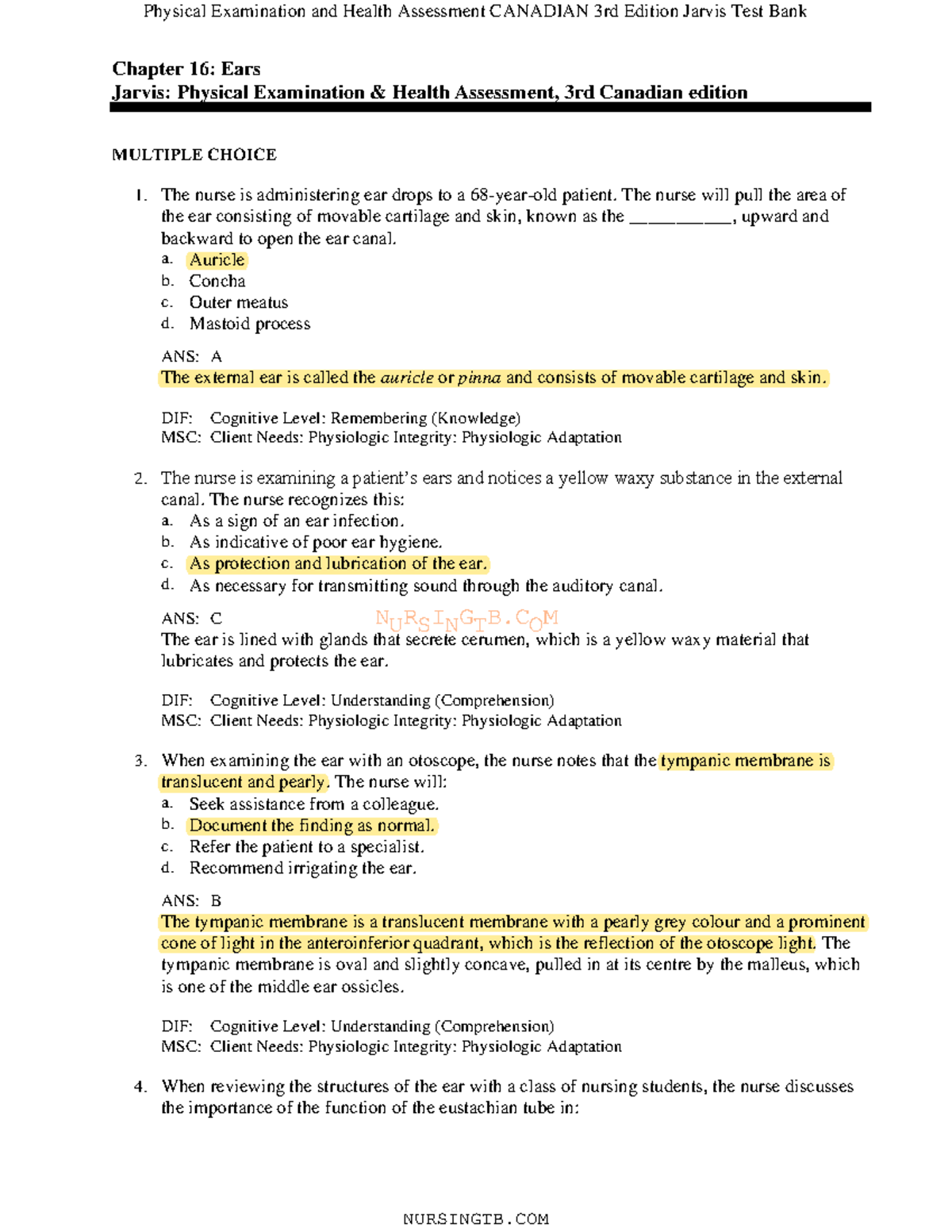 16 - Test - NURSINGTB Chapter 16: Ears Jarvis: Physical Examination ...