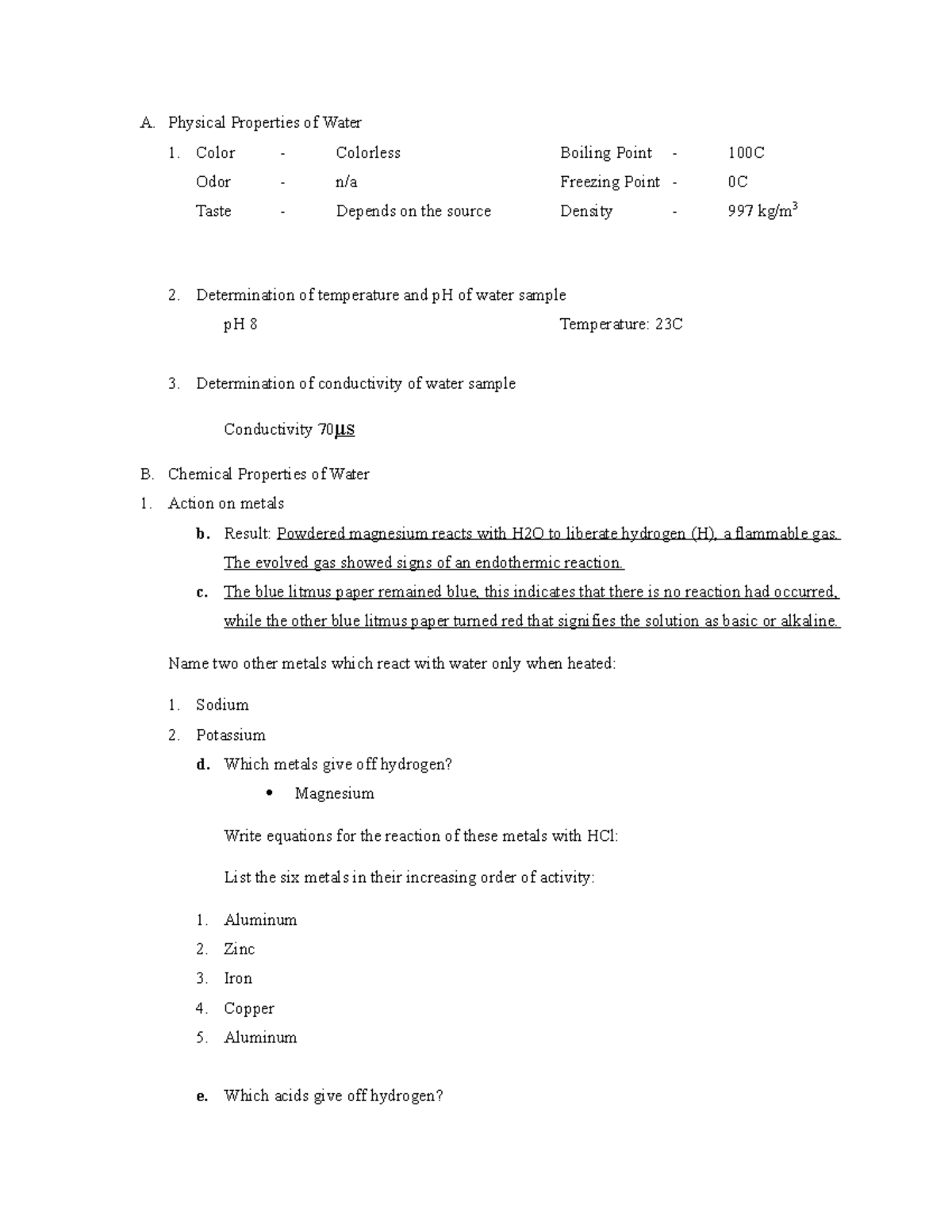 Physical Properties Of Water A Physical Properties Of Water 1 Color 