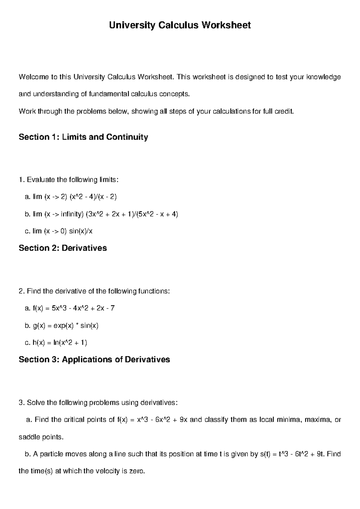 Calculus Worksheet 1 - This worksheet is designed to test your ...