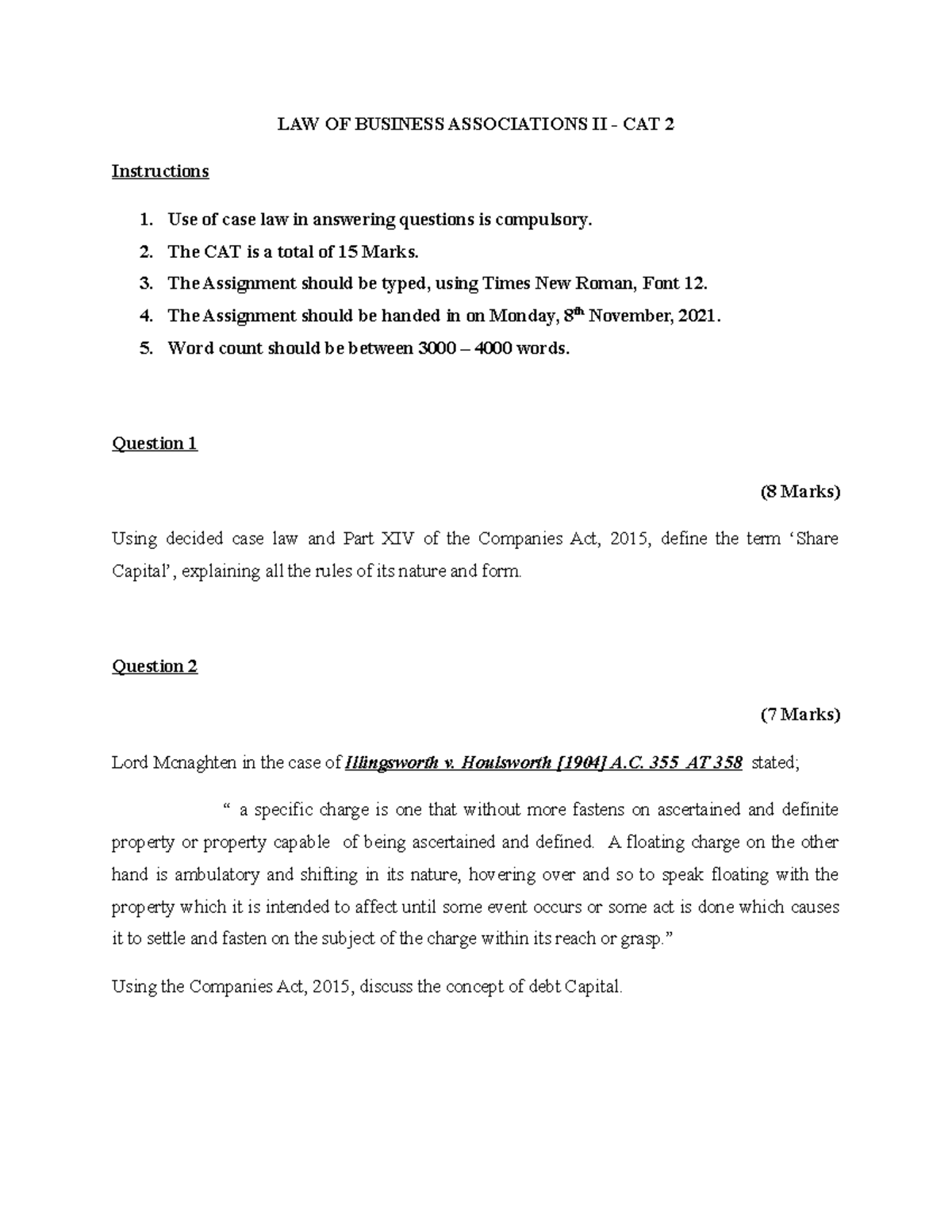 LBA 2 CAT 2, 2021 notes on company law LAW OF BUSINESS