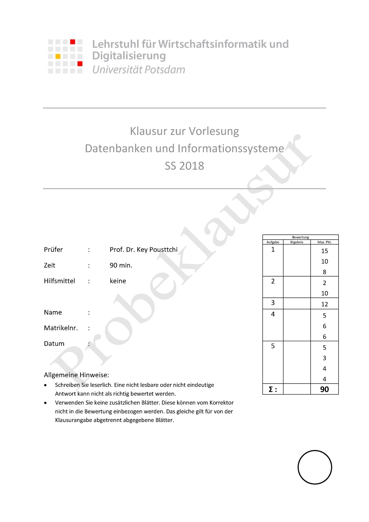 Probeklausur Datenbanken Und Informationssysteme Sommersemester 2018 ...