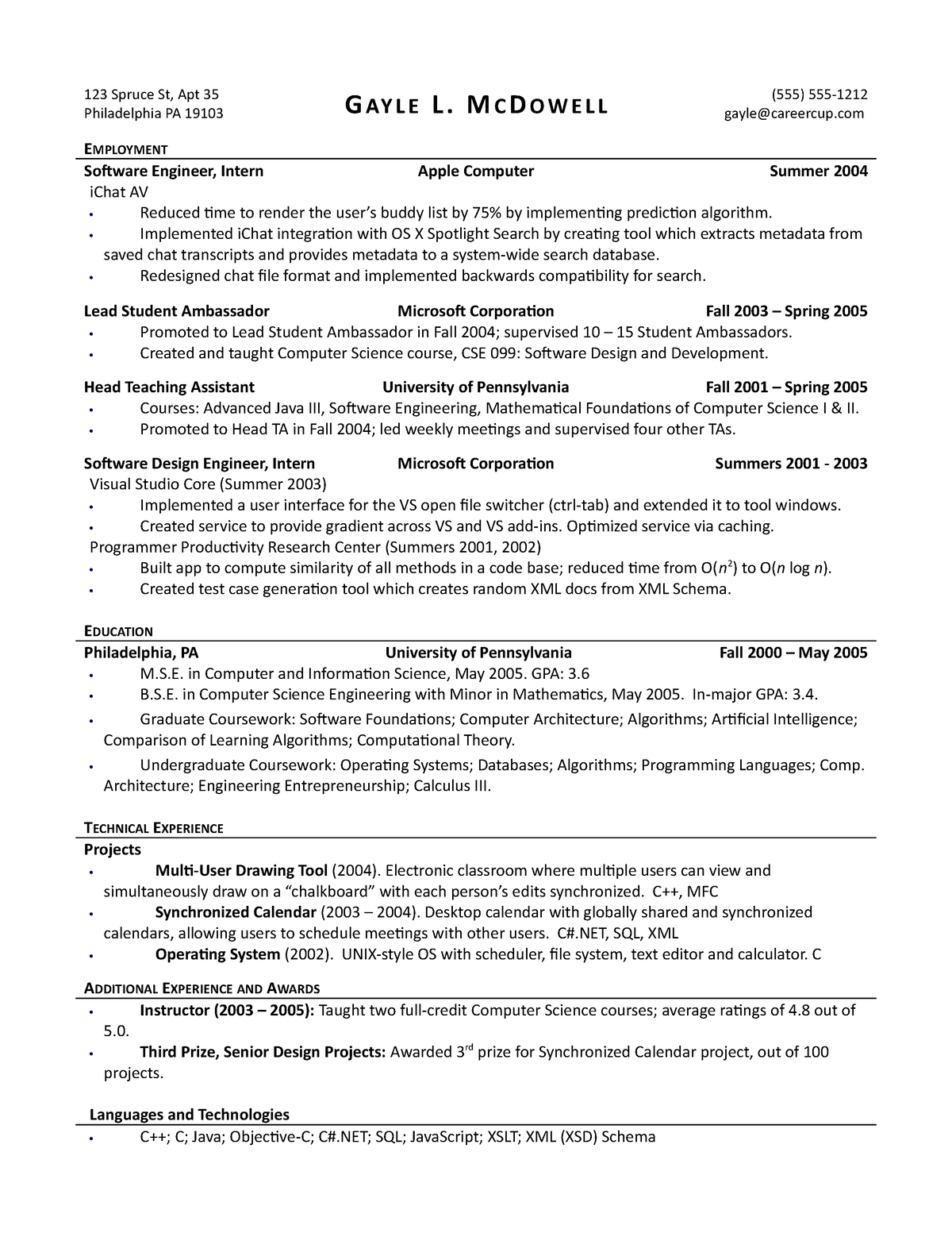 Gayle Mc Dowell Career Cup Sample Resume - 123 Spruce St, Apt 35 ...