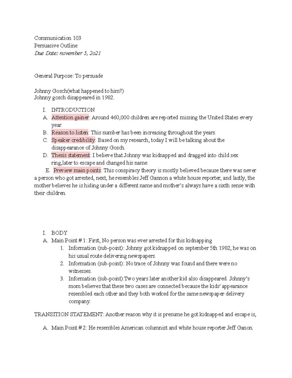 Outline for third speech - Communication 103 Persuasive Outline Due ...