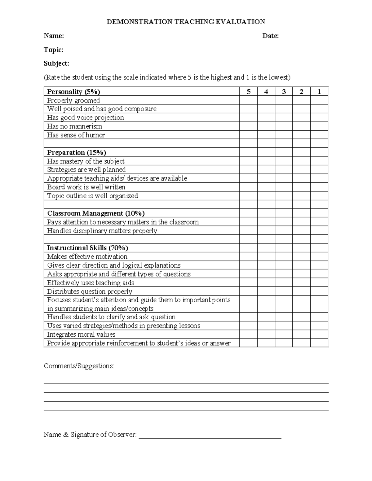 DEMO- Rubrics - none - DEMONSTRATION TEACHING EVALUATION Name: Date ...