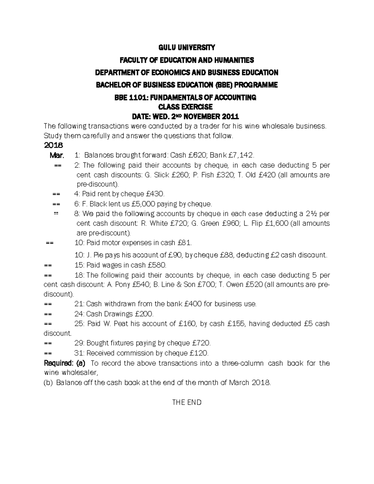 BBE 1101 (Fundamentals of Accounting) Class Exercise on Three-Column ...