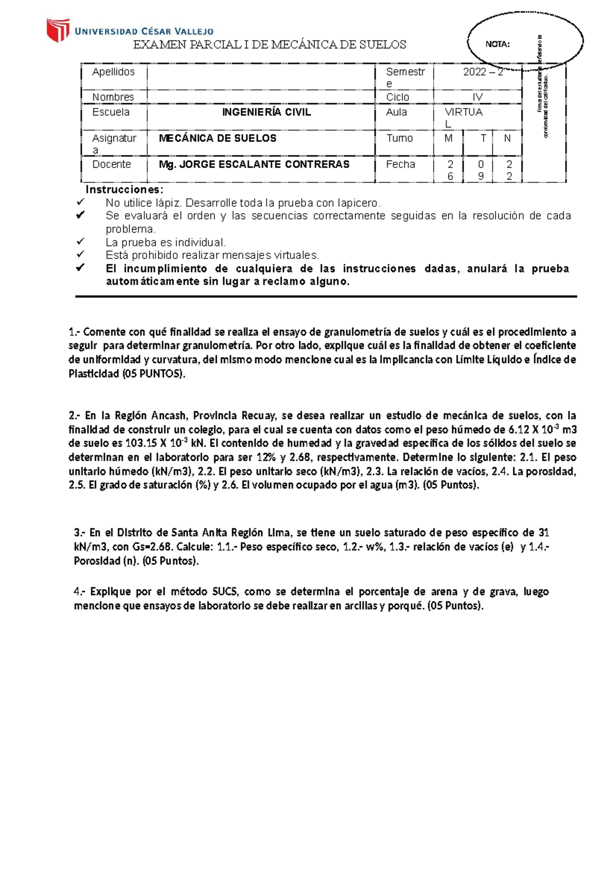 EP(I) Setiembre M- Suelos 2022 2 - EXAMEN PARCIAL I DE MECÁNICA DE ...