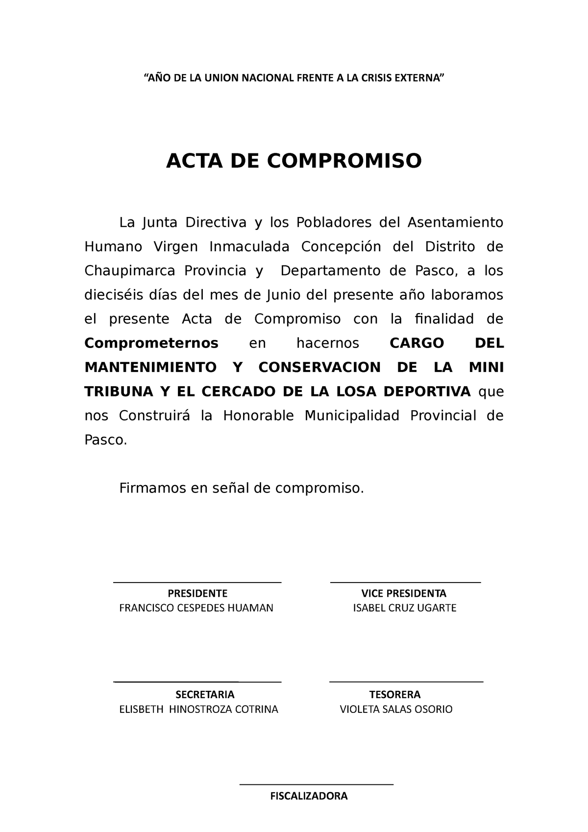 ACTA DE Compromiso modelo de ejemplo de acta de compromiso “AÑO DE LA UNION NACIONAL FRENTE