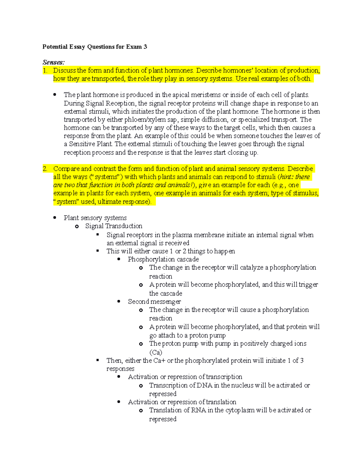 Exam 3 Essay Qs S23 - Potential Essay Questions for Exam 3 Senses: 1 ...