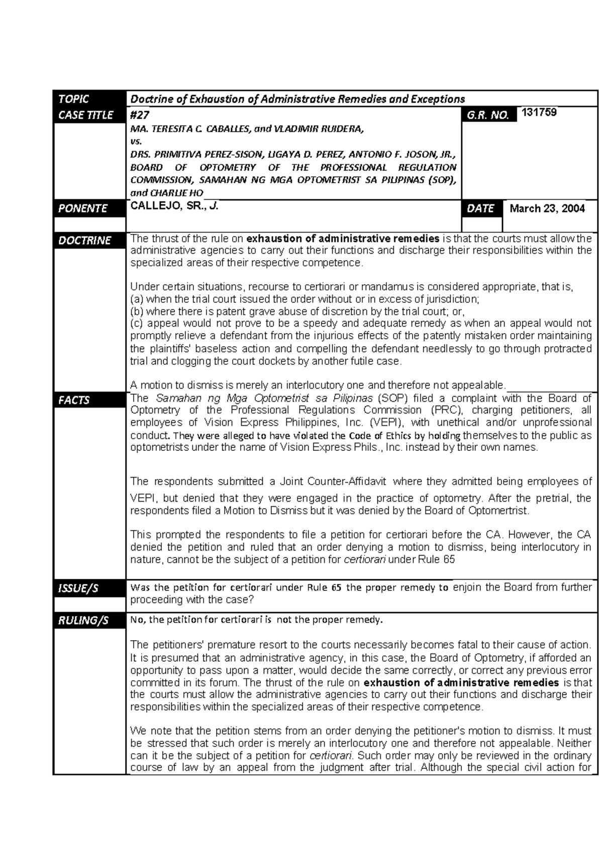 27 Caballes vs. Perez Sison TOPIC Doctrine of Exhaustion of