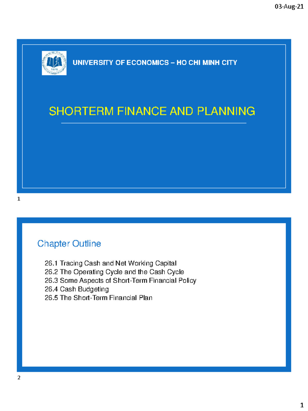 Lecture 26 Working capital management and shortterm financial planning
