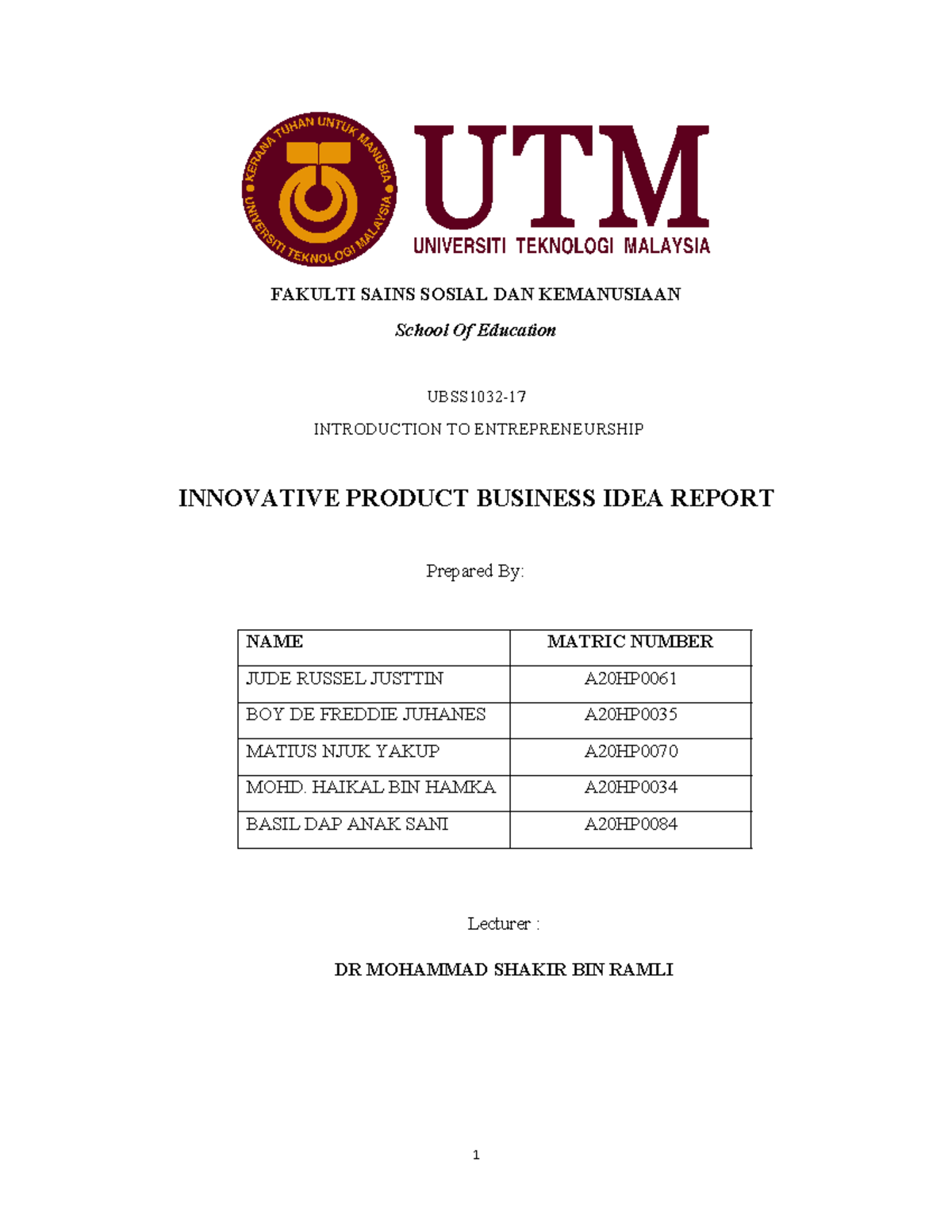 Report Assignment 2 - Cutter - FAKULTI SAINS SOSIAL DAN KEMANUSIAAN ...