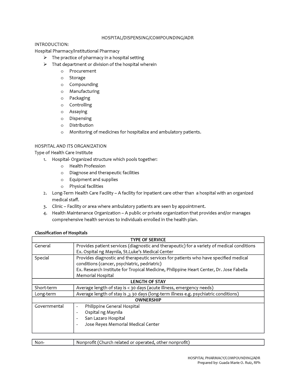 Hospital - Notes about Clinical Pharmacy - HOSPITAL/DISPENSING ...