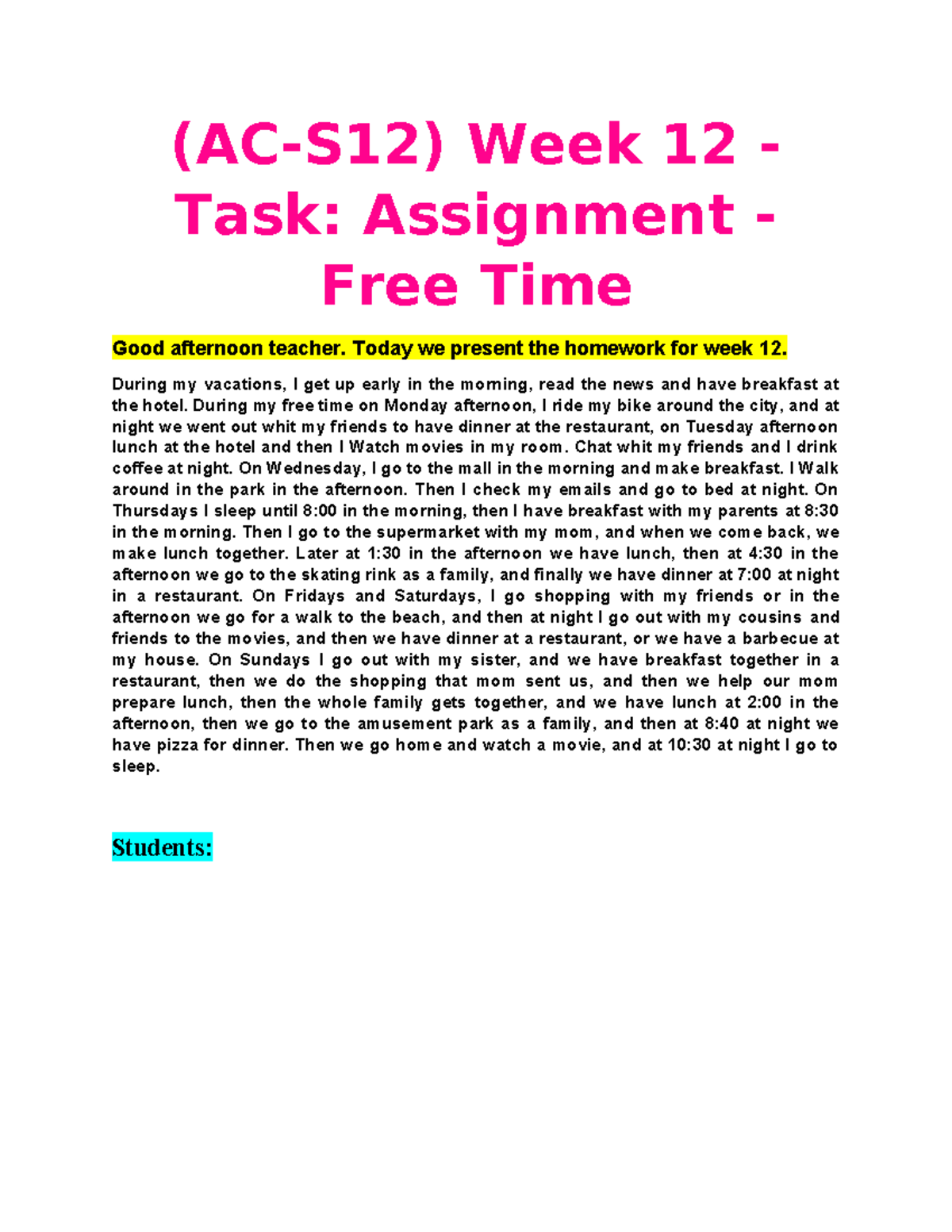 (AC-S12) Week 12 - Task. Assignment - Free Time - (AC-S12) Week 12 ...