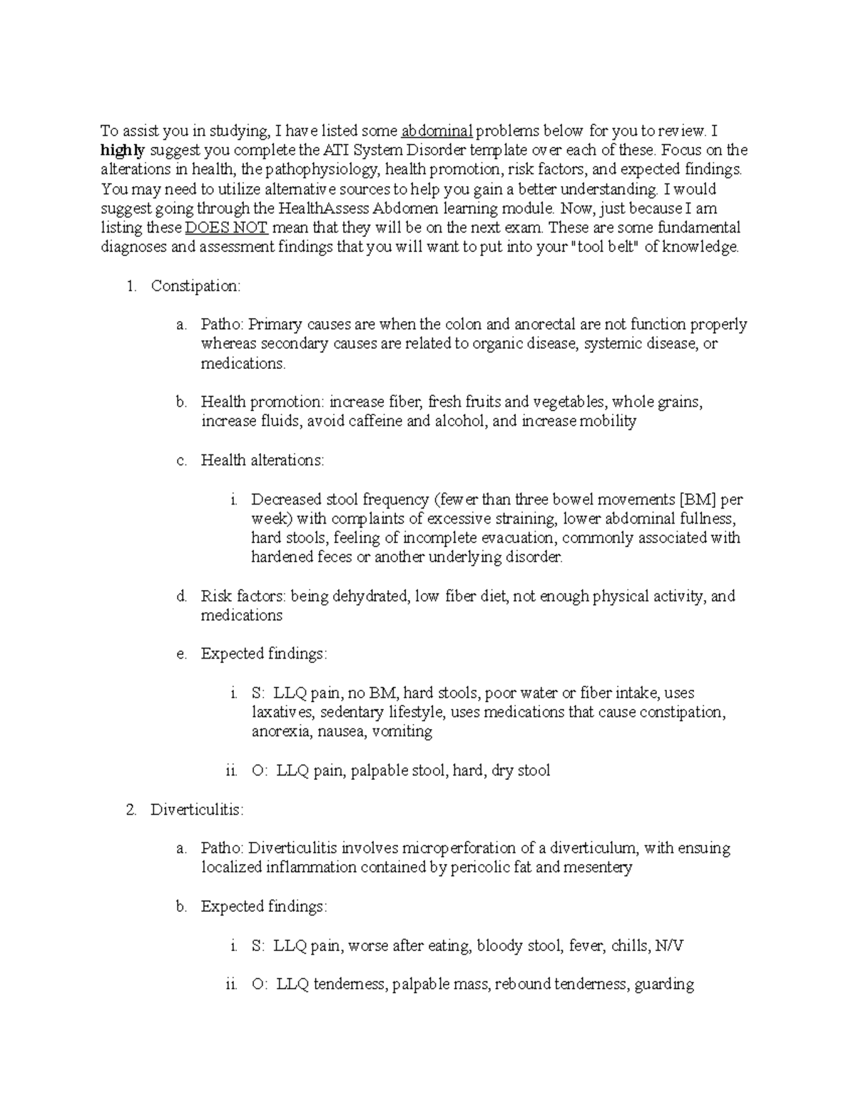 Module IV Diagnosis Sheet - To assist you in studying, I have listed ...