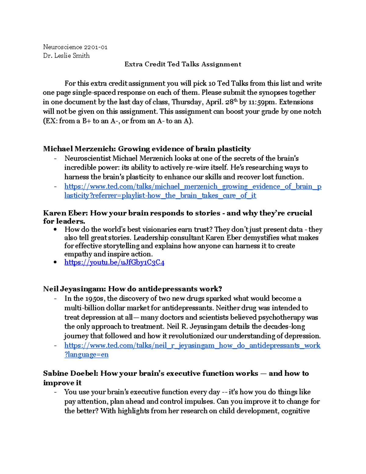 Extra Credit Ted Talks Assignment 22' Spring - Neuroscience 2201- Dr ...