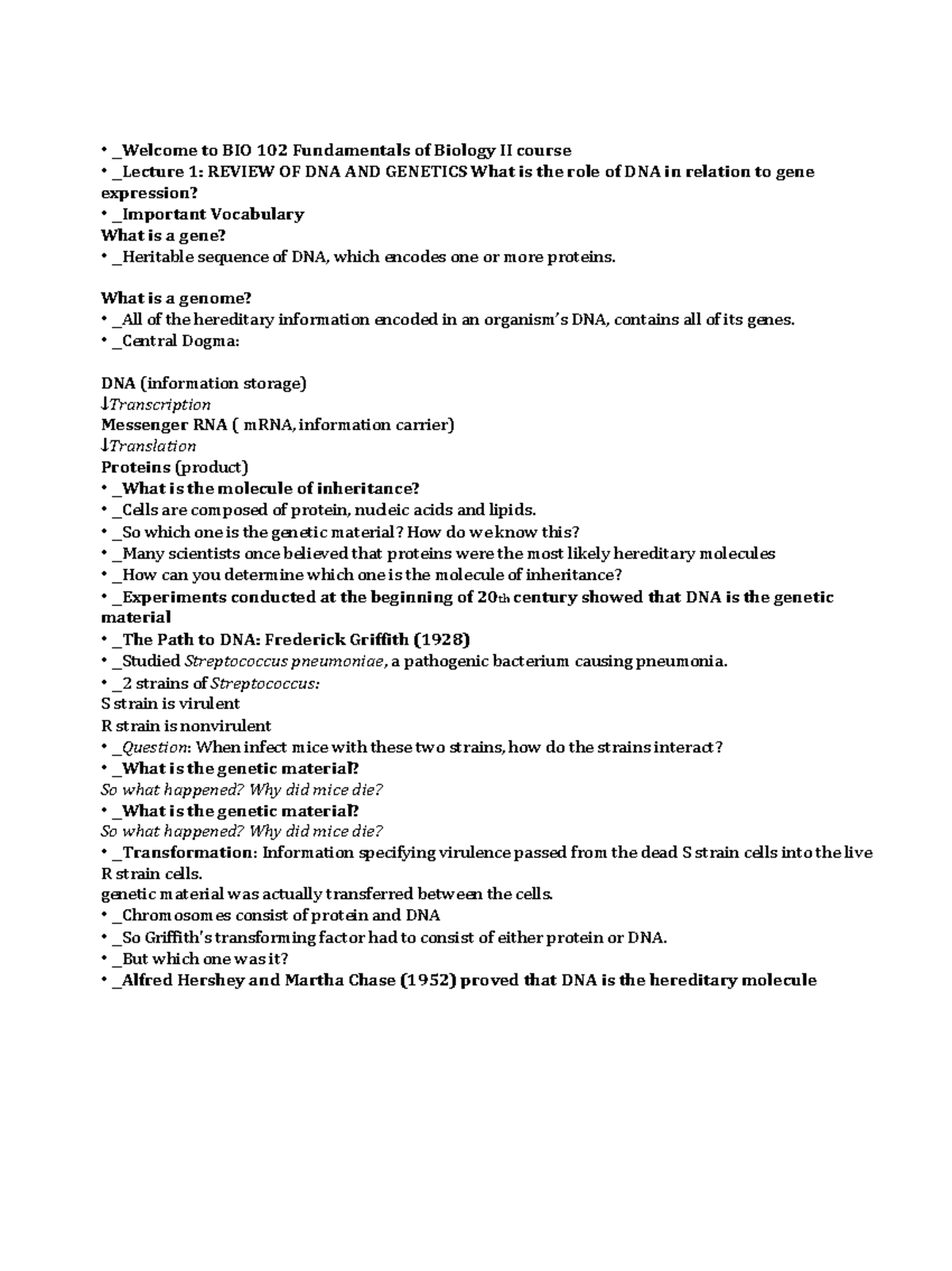Lecture 1 Genetics Notes TopHat - _ Welcome to BIO 102 Fundamentals of ...
