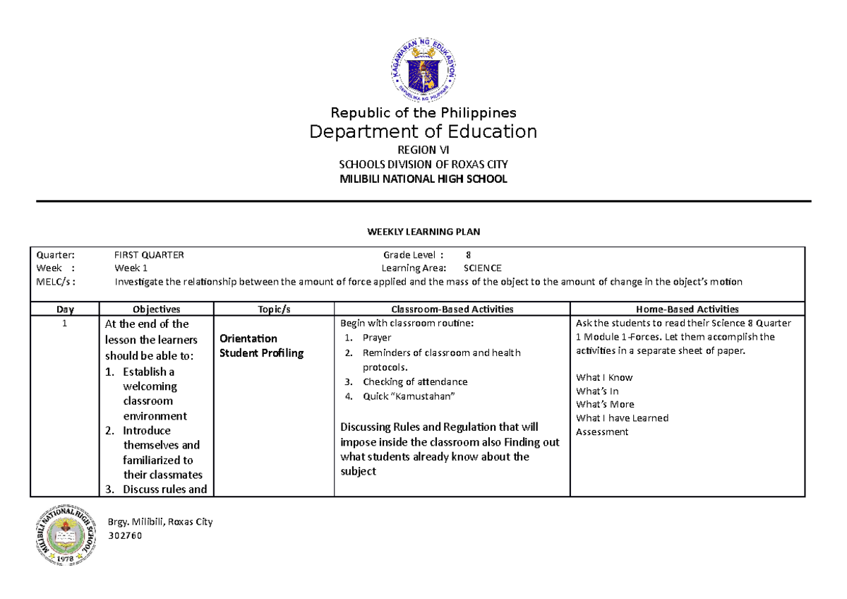 Weekly- Learning-PLAN-WEEK 1 - Department of Education REGION VI ...