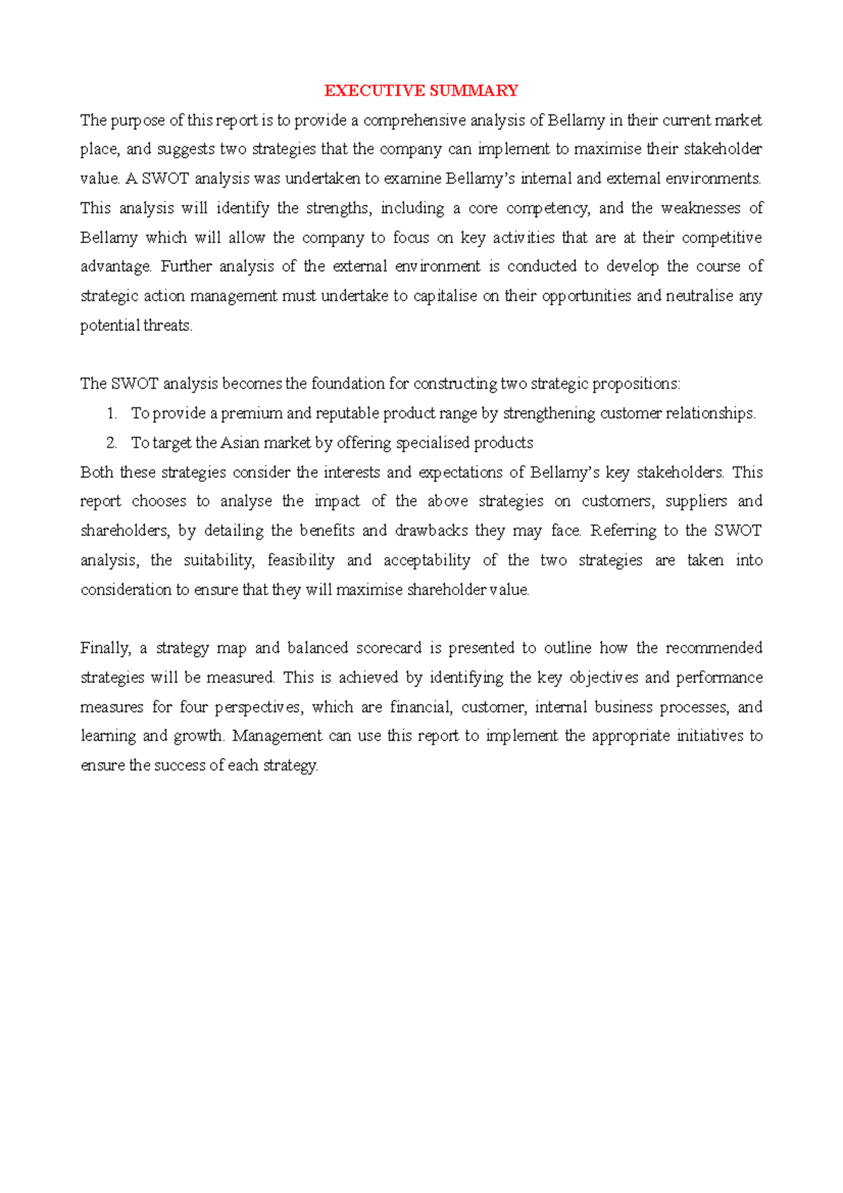 Report EXECUTIVE SUMMARY The purpose of this report is to provide a