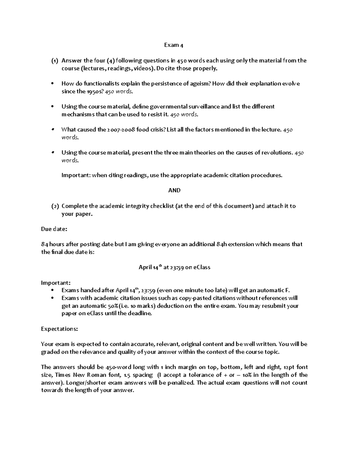 1000 A Exam B - Exam - Exam 4 (1) Answer The Four (4) Following ...