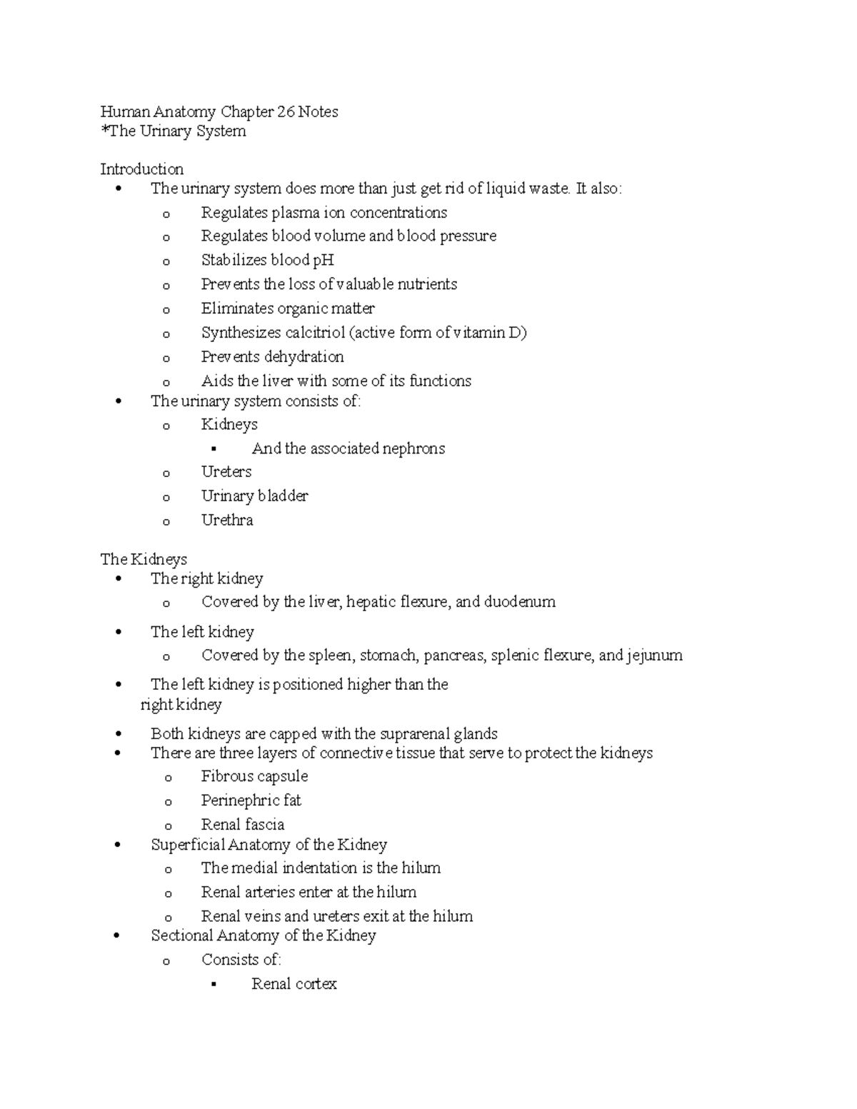 HCS212 Chapter 26 Notes - Human Anatomy Chapter 26 Notes *The Urinary ...