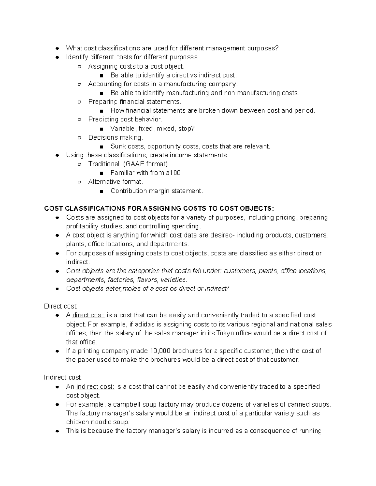 Chapter 1 notes - What cost classifications are used for different ...