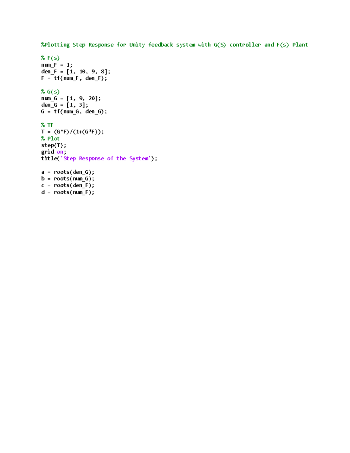 Plotting Step Response for Unity feedback system - MECHENG-490 - Studocu