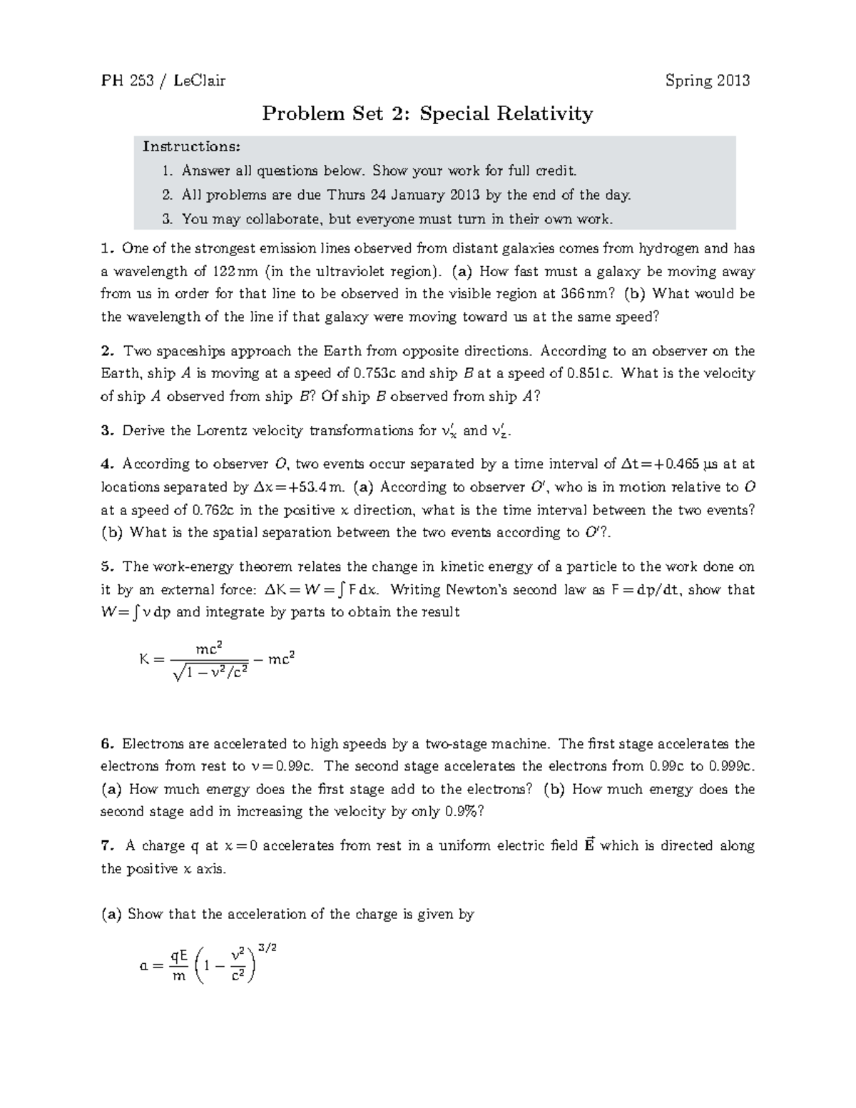 HW 2 Relativity 24 Jan 2013 Questions - PH 253 LeClair Spring 2013 ...