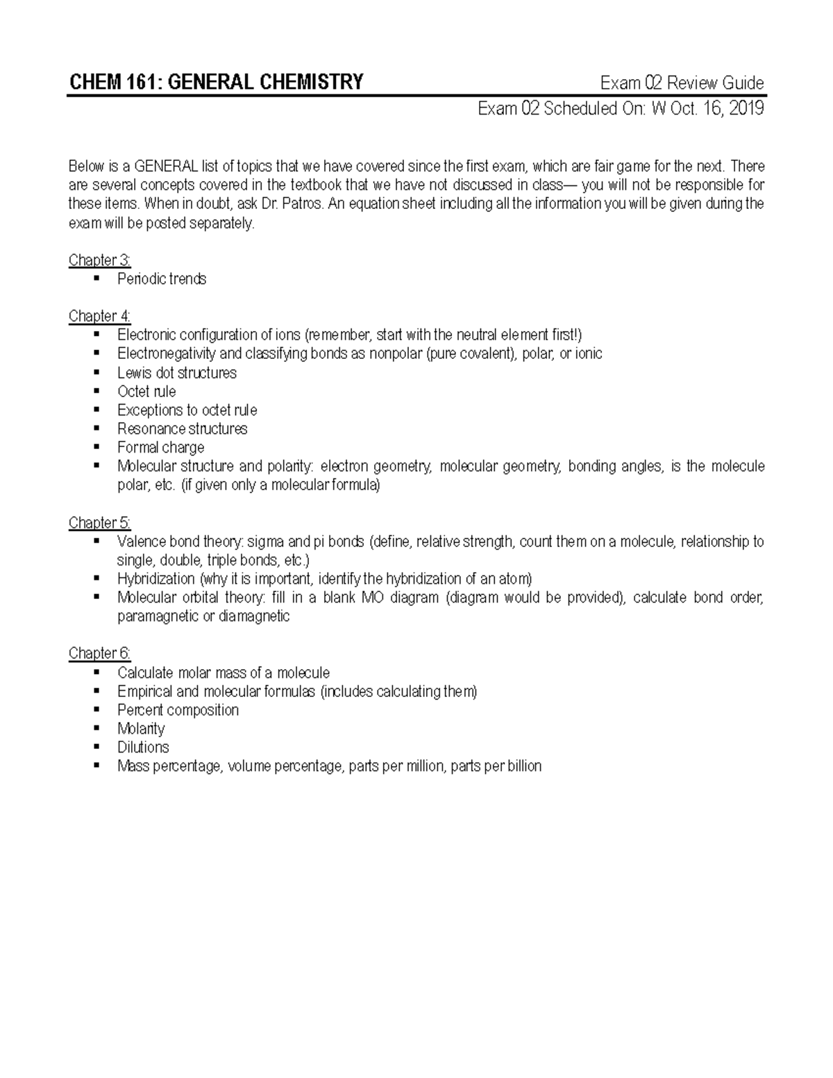 CHEM 161 Exam 02 Review Guide - CHEM 161: GENERAL CHEMISTRY Exam 02 ...